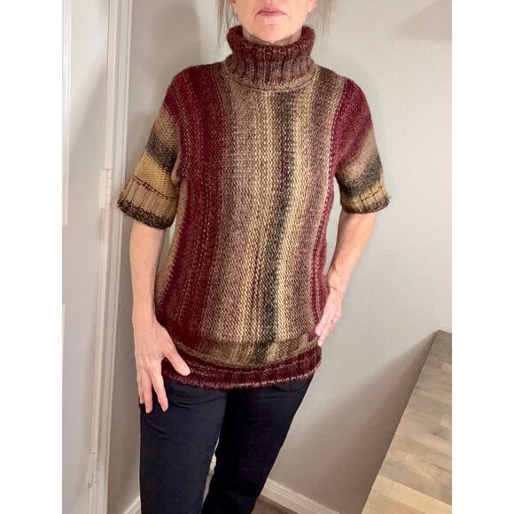 striped chunky turtleneck sweater short sleeve brown and burgundy - Picture 2 of 7